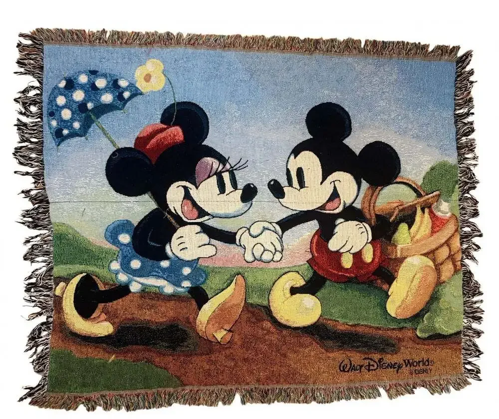 Vintage Walt Disney World Tapestry Throw Blanket Mickey Minnie 50x60 Fringe